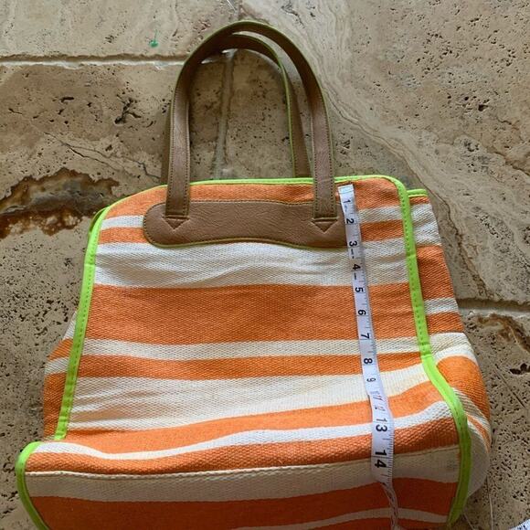 Neiman Marcus bag large tote Orange/white/green trim open double strap purse - Picture 2 of 10